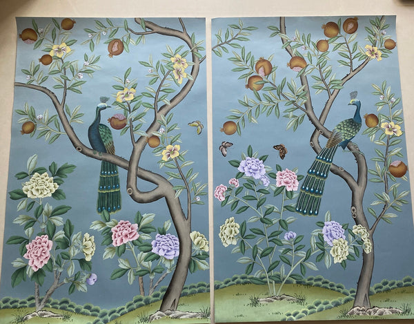 30" *53",  hand-painted  French blue Chinoiserie Panels, A pair of peacock , hand-painted chinoiserie panel