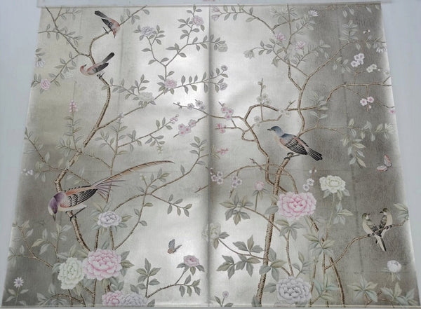 22" x 37"， A set of 3 panels in stock, Chinoiserie Handpainted Artwork on White Silk, beige white, no frame, shipping immediately