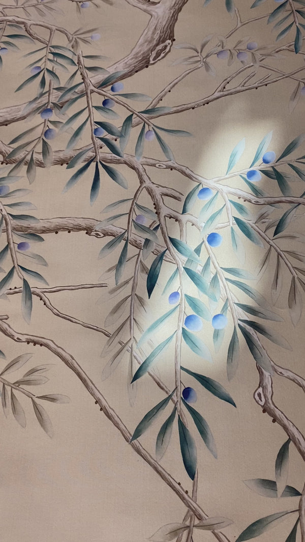 Hand-painted silk walpaper,  branches in the wind, custom design to fit the wall size