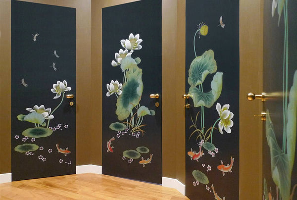 lotus, handpainted silk wallpaper, Pond Goldfish, lotus blossoms and dragonflies---hand-painted silk wallpaper