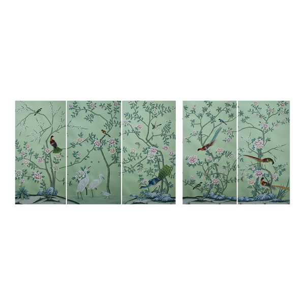 Set of 5 Panels Aqua Green Chinoiserie Wall Artwork